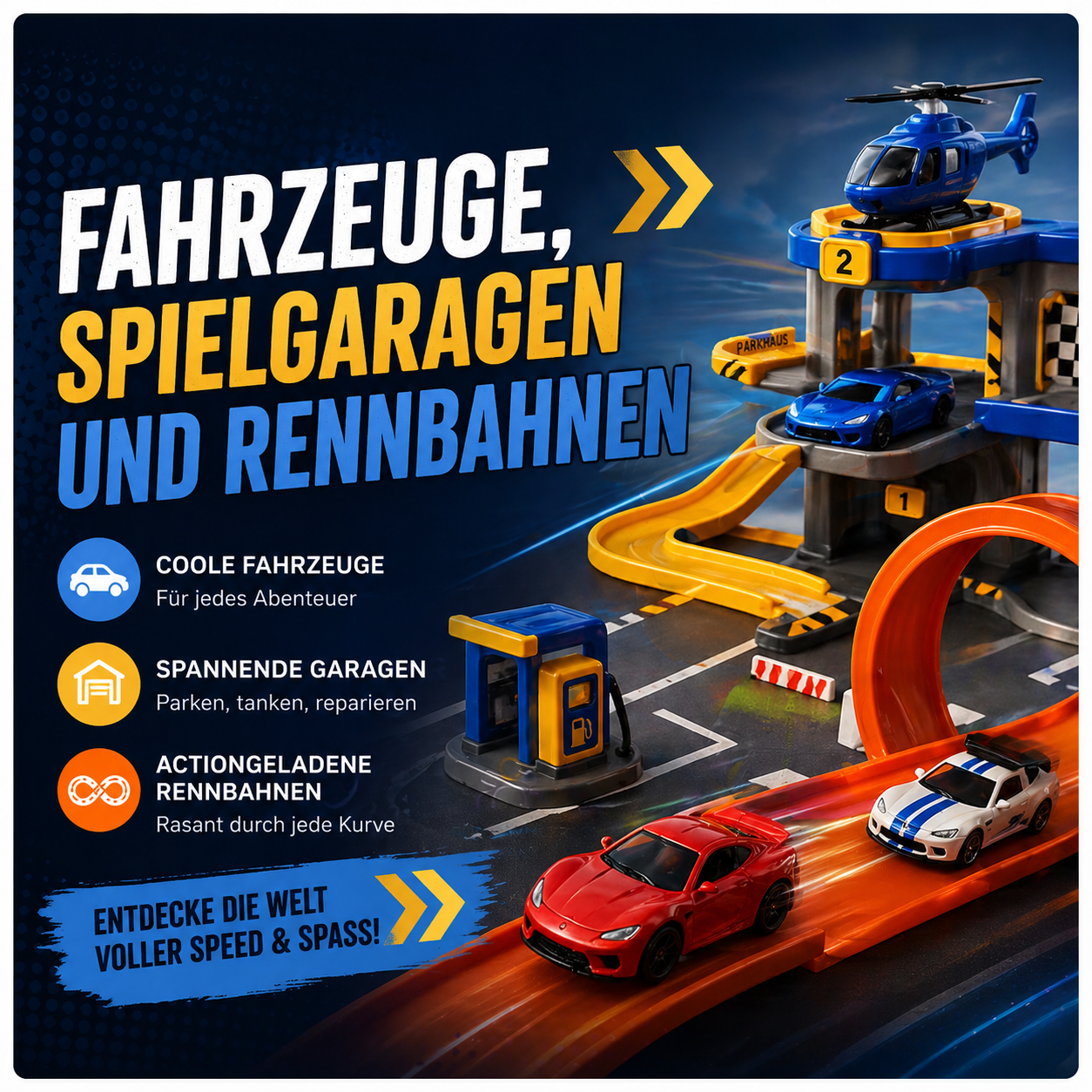 Fahrzeuge, Spielgaragen und Rennbahnen