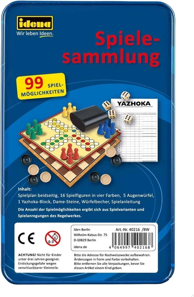 Idena Spielesammlung 99 in Metallbox Spielbrett Würfel Spielbecher Reisespiel